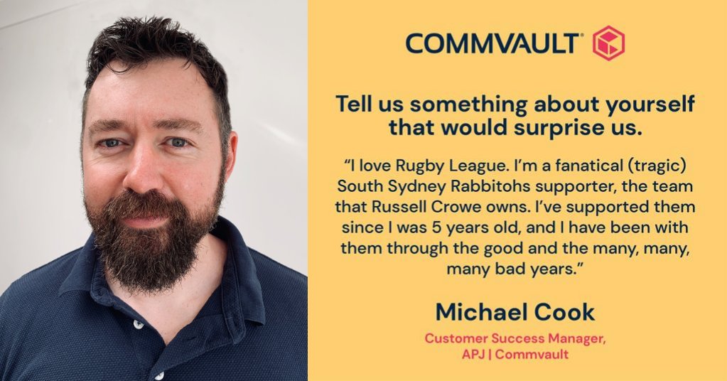 KimMMathews's tweet photo. We recently spoke with  Michael Cook, a.k.a. "Cookie", Customer Success Manager in APJ, to find out more about him and his life inside and outside of Commvault. https://t.co/NJI6Xc4s1K https://t.co/1xZ3rTyEFy