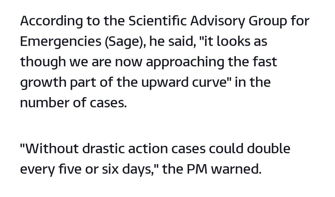 Really clear when reviewing the pandemic. On the 17th of March the Prime Minister warned that cases were rising to the point that they 'could double every 5-6 days', which he got from SAGE, who got it from Imperial, who got it from the WHO, who got it from China in Jan/Feb