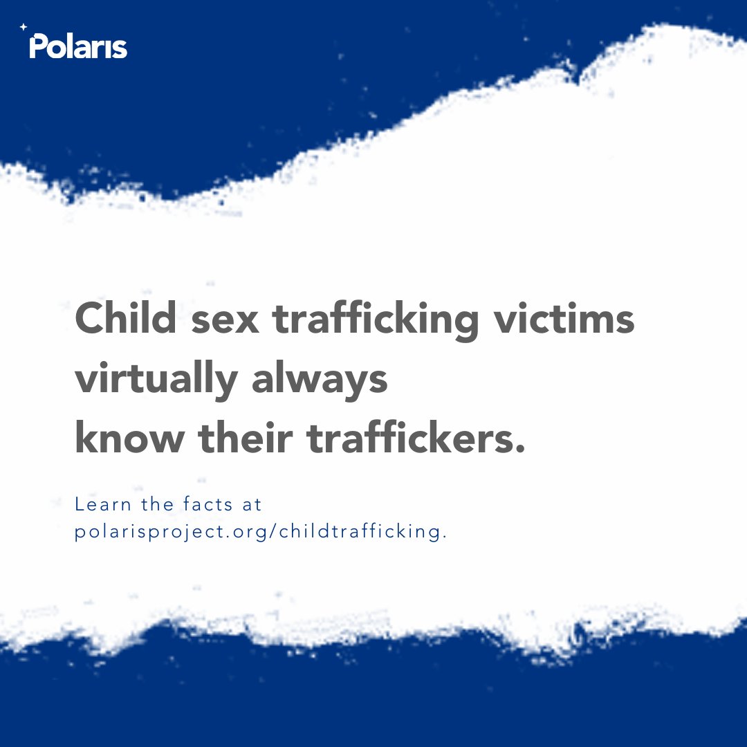 Typically, traffickers are the child’s parents, other family members, so-called friends or romantic partners. Learn more at polarisproject.org/childtrafficki….

#childtrafficking #childsextrafficking #humantrafficking #endhumantrafficking #polarisproject #humantraffickinghotline