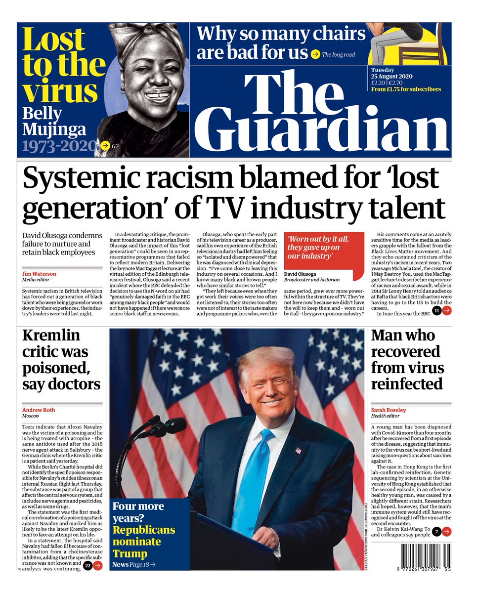 Guardian front page, Tuesday 25 August 2020: Systemic racism blamed for 'lost generation' of TV industry talent