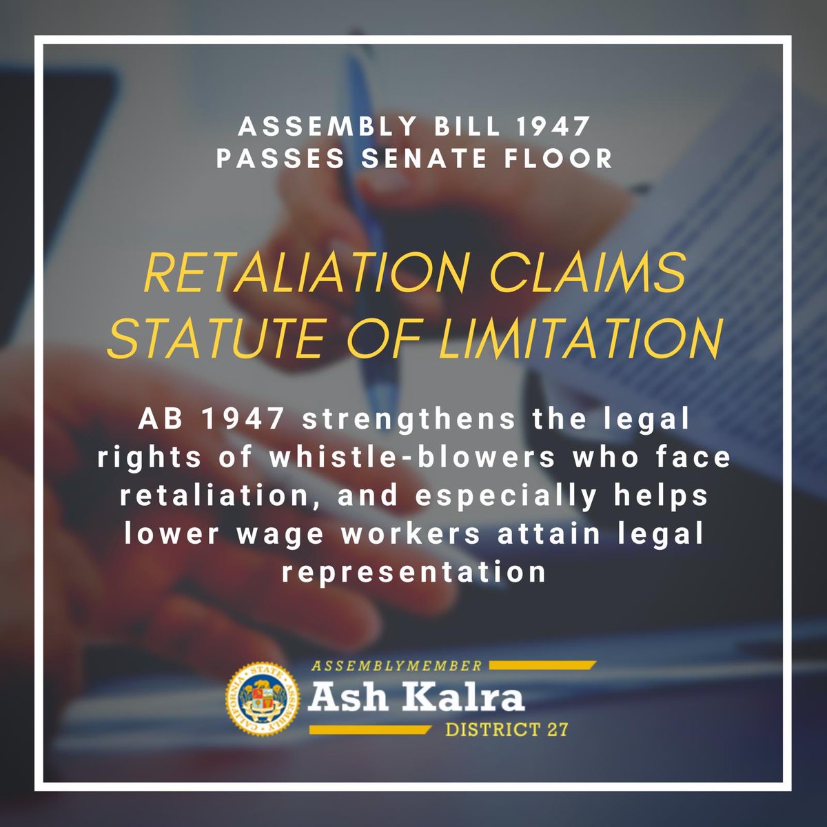 Grateful to Senate for passing my #AB1947 which strengthens legal rights of whistleblowers who face retaliation by extending statue of limitations to file claims & helps workers get legal representation. Thanks @SenatorLeyva for presenting bill! It’s heading to Governor’s desk!