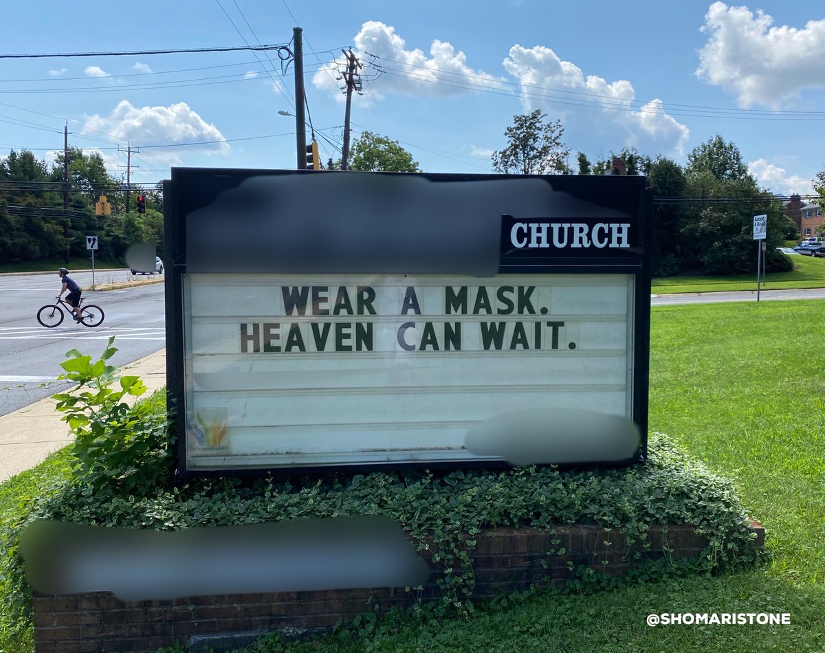 shomaristone's tweet image. I just saw this church sign.
“Wear A Mask. Heaven Can Wait.”😷 #ChurchSign