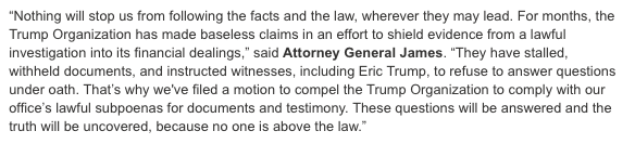 KlasfeldReports's tweet photo. In a statement, @NewYorkStateAG says that Trump Org, Eric Trump and others have stalled and stonewalled their subpoenas for months.

The AG's probe looks into whether Trump inflated his assets on financial statements to secure loans and obtain economic and tax benefits. https://t.co/ZjhLWNPlLc
