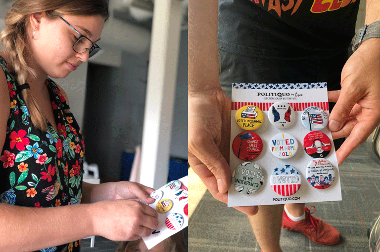 circa_design's tweet photo. #Politiquo voting buttons are packaged and in the mail so if you ordered some during #PorterFlea2020, be on the lookout! Check out the fresh packaging designed by fellow @Dovs_ #electionsticker #electionpin https://t.co/o4PI6CNtAm
