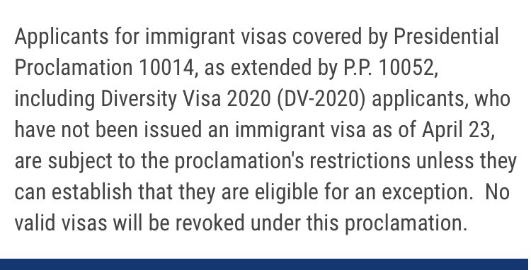 Curtis Morrison (@curtismorrison) on Twitter photo This helps explain why embassies worldwide are not applying national interest exceptions to DVs, even though they’ve never said that publicly, and on August 12, put out update suggesting that they do. They’re 221(g)ing those apps.
travel.state.gov/content/travel…
pst <a href="/NicoletteGlazer/">Nicolette Glazer</a> This helps explain why embassies worldwide are not applying national interest exceptions to DVs, even though they’ve never said that publicly, and on August 12, put out update suggesting that they do. They’re 221(g)ing those apps.
travel.state.gov/content/travel…
pst <a href="/NicoletteGlazer/">Nicolette Glazer</a>