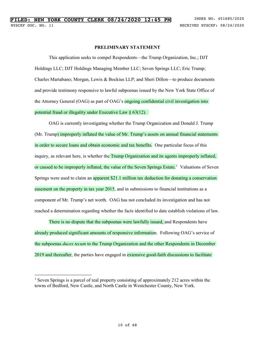 TRUMP ORGANIZATIONDJT HOLDINGS LLCDJT HOLDINGS MANAGING MEMBERSEVEN SPRINGS ERIC TRUMPCHARLES MARTABANOMORGAN, LEWIS & BOCKIUSSHERI DILLON“ongoing confidential civil investigation into potential fraud or illegality under Executive Law § 63(12)” http://iapps.courts.state.ny.us/iscroll/SQLData 