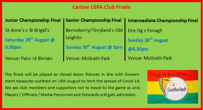 CarlowLGFA's tweet photo. Best of luck to all six teams this weekend participating in our club finals. What a pity no spectators can attend as all three finals should be tremendous contests! @LeinsterLGFA @LadiesFootball @SportsDaz @Natsport @Carlow_GAA https://t.co/ALoQnSAa8l