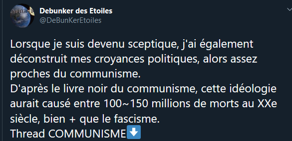 On commence avec le premier tweet, le DebunKer a le raisonnement « le communisme a fait plus de morts que le fascisme » en se basant sur un livre noir.