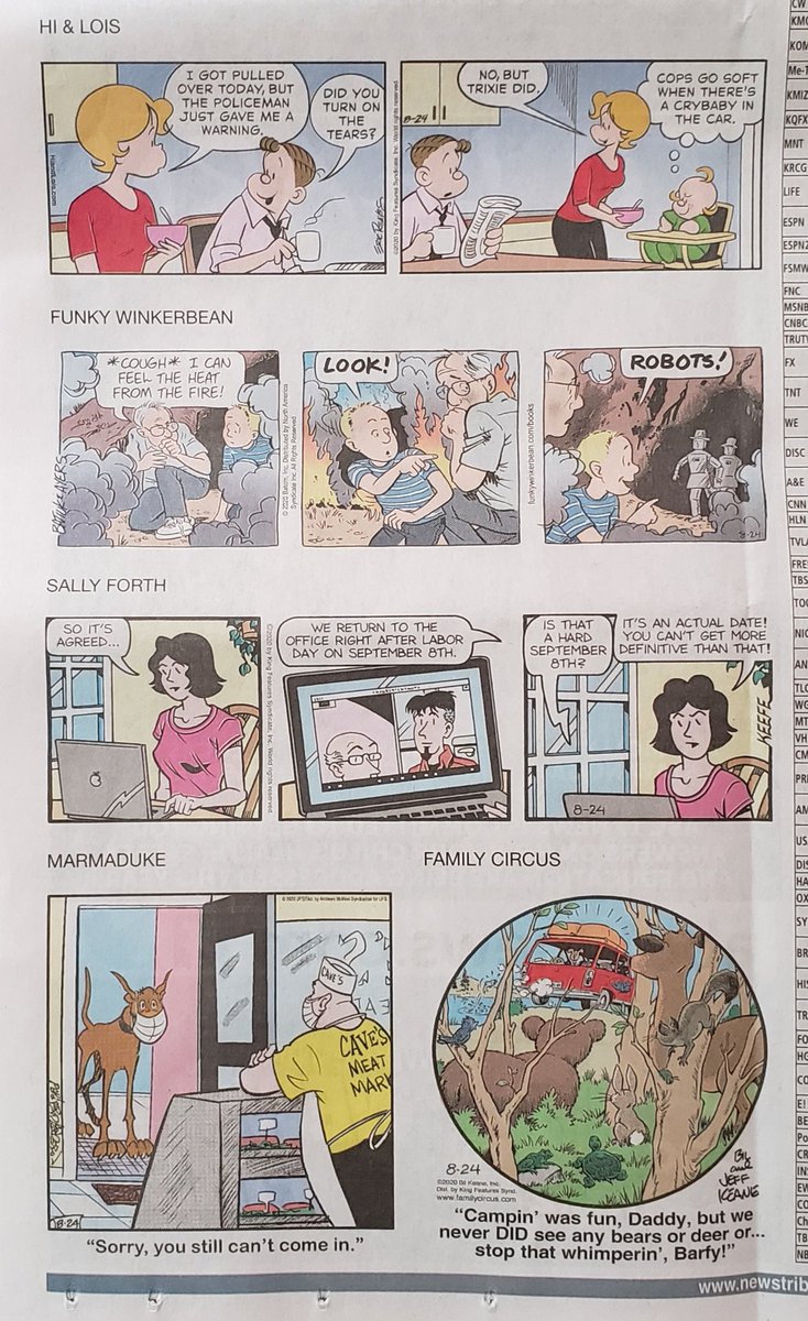 1) no idea how far in advance Hi & Lois is submitted but the Flagstons have never been more unlikable2) Funky Winkerbean is a baffling strip to drop in on3) Sally Forth remains aggressively set in COVIDtimes4) Marmaduke is more of a responsible citizen than the current potus