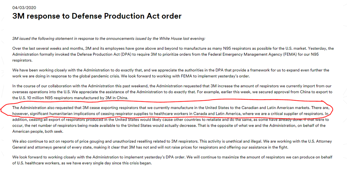 Here was 3M's extraordinary press release on April 3, after the Trump administration invoked the Defense Production Act, telling 3M to no longer export N95 respirators to Canada   2/ https://news.3m.com/English/3m-stories/3m-details/2020/3M-response-to-Defense-Production-Act-order432020/default.aspx