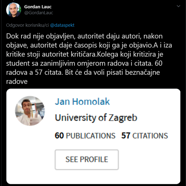  @GordanLauc supports his point by attaching an image of  @ResearchGate account of a first year PhD student (me) commenting that the ratio of research items and citations indicates insignificance …(2/25)