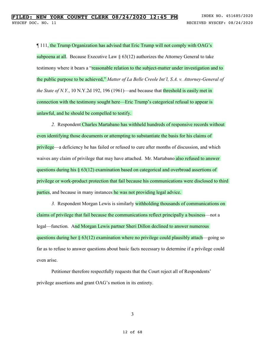 TRUMP ORGANIZATIONDJT HOLDINGS LLCDJT HOLDINGS MANAGING MEMBERSEVEN SPRINGS ERIC TRUMPCHARLES MARTABANOMORGAN, LEWIS & BOCKIUSSHERI DILLON“ongoing confidential civil investigation into potential fraud or illegality under Executive Law § 63(12)” http://iapps.courts.state.ny.us/iscroll/SQLData 