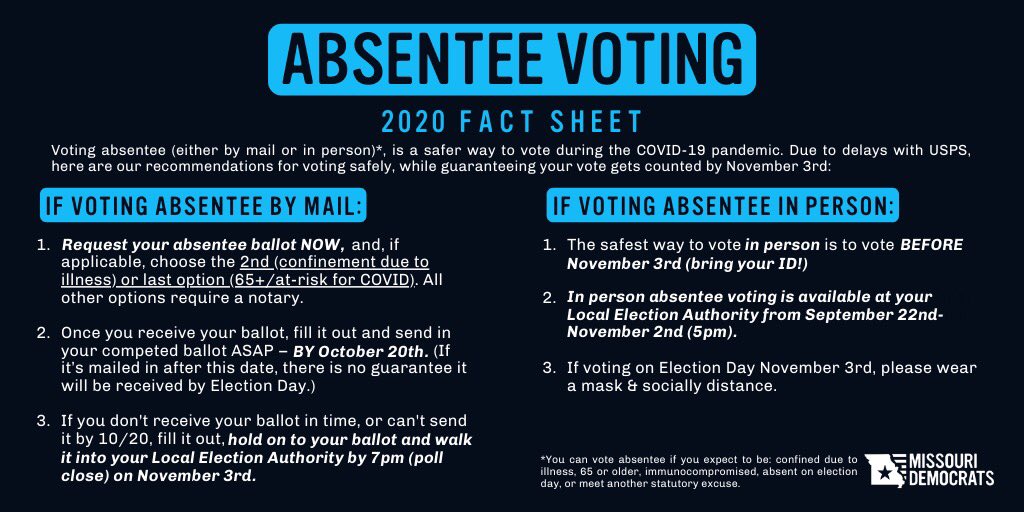 MO_HouseDems's tweet photo. 🚨ATTENTION MO VOTERS🚨 want to vote safely and securely, but worried about #COVID19 and mail delays? Absentee voting -by mail OR in person- is the best way to cast your ballot. Use this voting guide below and SPREAD THE WORD! #vote #showmechange https://t.co/8Obhyr88VW