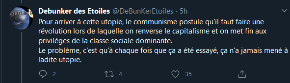 Troisième tweet, le camarade débunker dit qu’aucun pays qu’il qualifie de communiste n’a réussi a attendre une utopie… Une utopie raillée depuis Marx par le communiste, comme je viens de le dire.