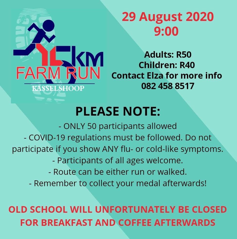 kasselshoop's tweet photo. Great news! The Kasselshoop Farm Run is back this weekend, Saturday 29 August! 

You can enter ONLINE here:
https://t.co/3TK0OCPiH1

Contact Elza Botes if you have any questions or queries at 082 458 8517

#FarmRun #FarmWalk #Stilbaai #ActiveLiving https://t.co/Lghc2UvQLY