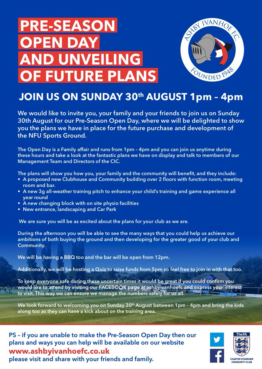 ⚠️CLUB OPEN DAY + UNVEILING OF PLANS!⚠️

We would like to invite players, parents, supporters, sponsors, members and the local community to join us on Sunday 30th August for our Pre-Season Open Day!

We will be displaying the plans for the purchase and development of the NFU!