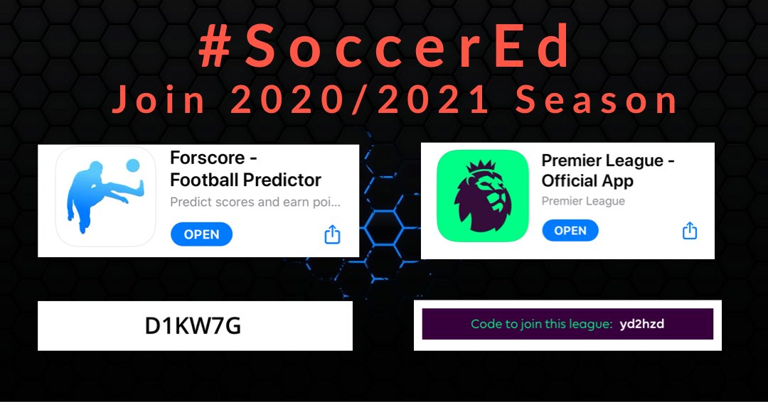 Welcome to #SoccerEd! ⚽️Join the #SoccerEd 20/21 Predictor & Fantasy Football leagues with the below apps and codes! 👇🏻 ⚽️ Enjoy connecting with others in the season ahead! ☑️ Like ☑️ Retweet and share wide! ☑️ Join in! 😁👍🏻 Please use twitter handle or similar as user name!