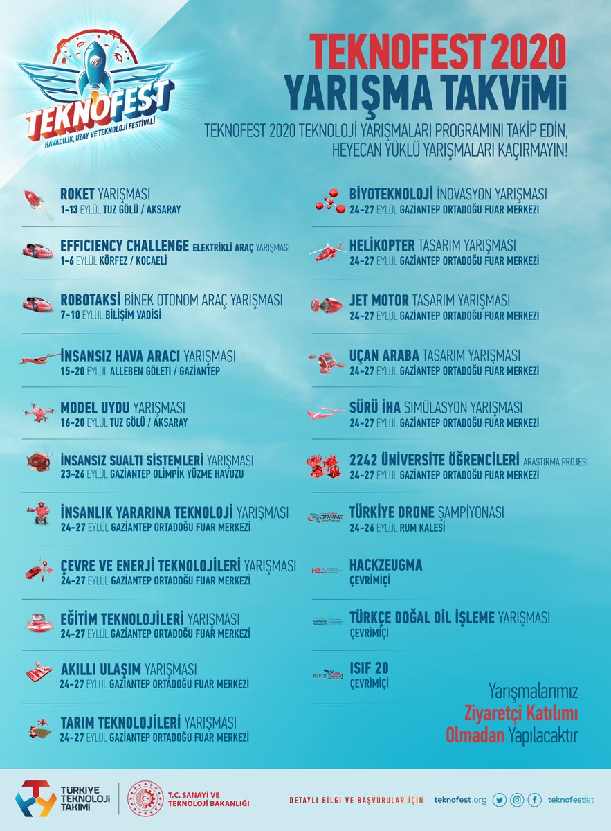 teknofest's tweet photo. 📣 #TEKNOFEST2020 Yarışma Takvimi Belli Oldu!

Pandemi nedeniyle ziyaretçilerimizi ağırlayamadığımız festivalin heyecanı canlı yayınlarla tüm Türkiye’de yaşanacak! 🚀🚗✈️🤖💻

#TEKNOFEST2020 Milli Mücadele’nin Gazi Şehri Gaziantep’te, #CanlıYayınlar sosyal medya hesaplarımızda! https://t.co/NQKSXT9ZtT