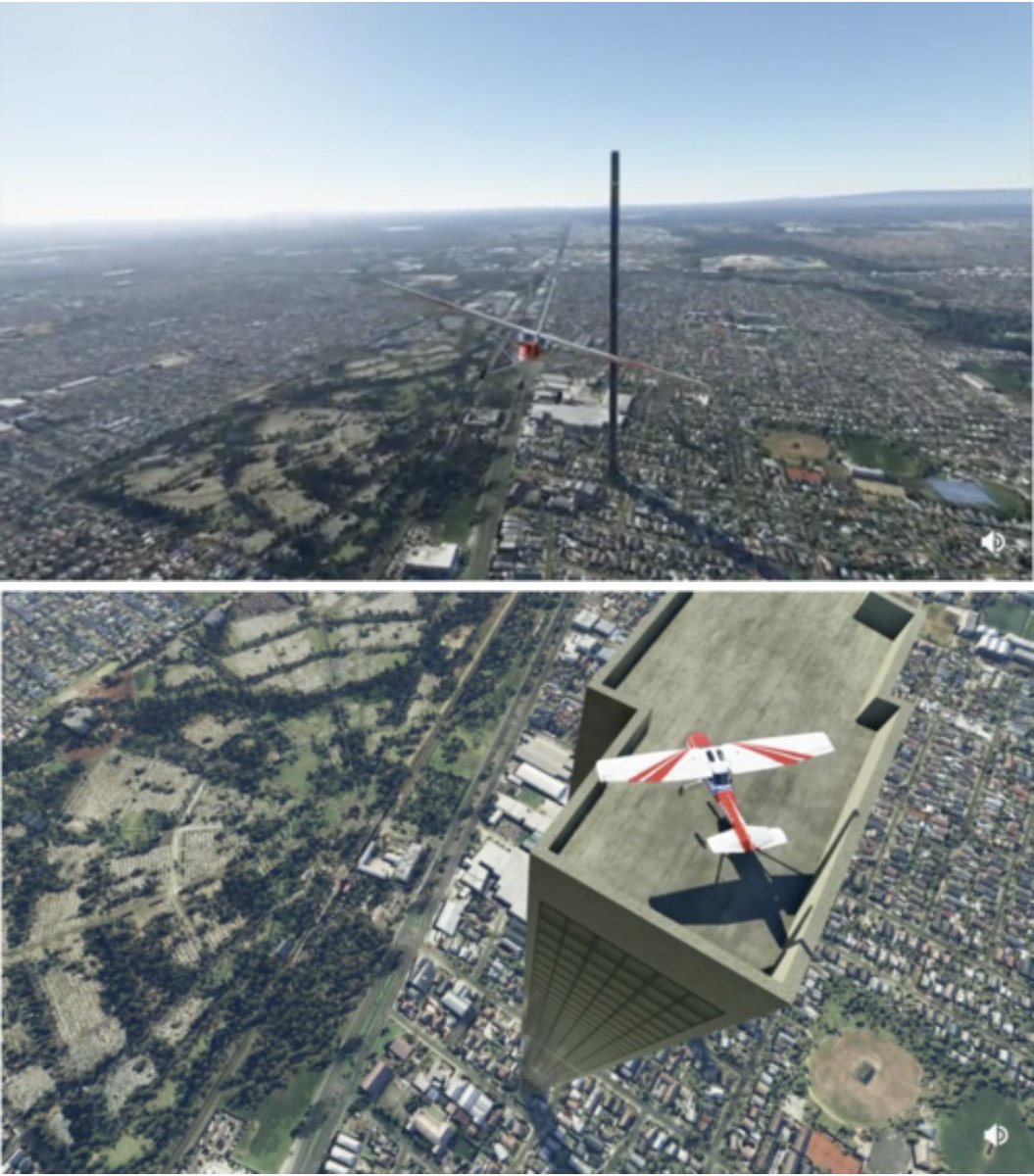 The Melbourne Monolith is now MSFS2020's most famous landmark. People are hurrying to complete the Monolith Challenge, a successful landing on the roof of the 212-story glitch, before it's patched out of existence. #AllHailTheMonolith(images: fulltimespy) https://aiweirdness.com/post/627344542828544000/planet-earth-from-above