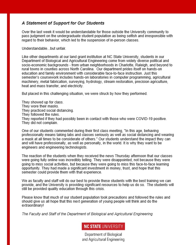 NCState_BAE's tweet photo. Statement of support by @NCState_BAE faculty and staff for our undergraduate students, as we transitioned to on-line teaching today at @NCState. #BAEPack #NCStateBAE #COVID19 https://t.co/u0tTBoB1la