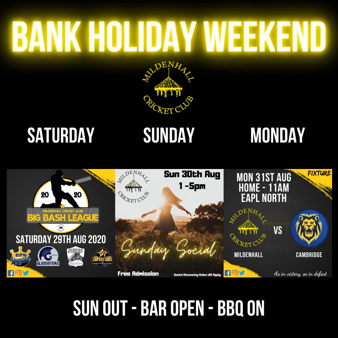 MildenhallCrick's tweet photo. ☀️🏏🍺BANK HOLIDAY WEEKEND🍺🏏☀️

Where better to spend your Bank Holiday Weekend?!?

We have plenty of action for the whole family all weekend!

Saturday - MCC Big Bash
Sunday - 5th Team vs Ladies &amp; Sunday Social
Monday - 1st XI vs Cambridge in the EAPL

#5teams1club #MCC https://t.co/n88wIDL0Xj