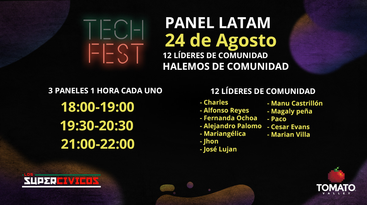 funpython_ec's tweet image. #TechFest  Panel LATAM
@jhon_p16  cofundador de FPy estará hablando sobre el experiencias, problemas y logros  en comunidad y la influencia del movimiento maker y el software libre . 
Participaran representantes de varias comunidades de latam. Registro bit.ly/3hkJs2h