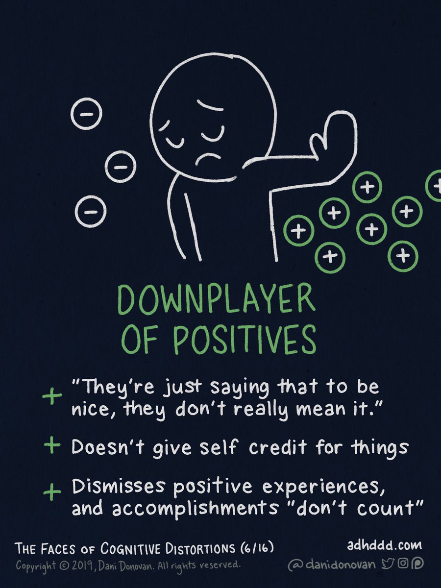 DOWNPLAYING POSITIVES:+ “They’re just saying that to be nice, they don’t really mean it.”+ Doesn’t give self credit for things+ Dismisses positive experiences+ Accomplishments “don’t count” "Faces of Cognitive Distortions" (6/16)