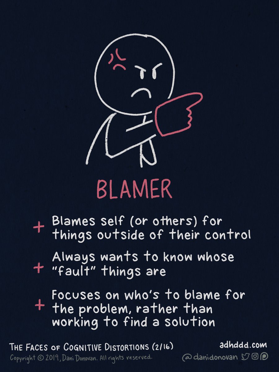 BLAMING:+ Blames self (or others) for things outside their control+ Always wants to know whose “fault” things are+ Focuses on who’s to blame for the problem, rather than working to find a solution"Faces of Cognitive Distortions" (2/16)