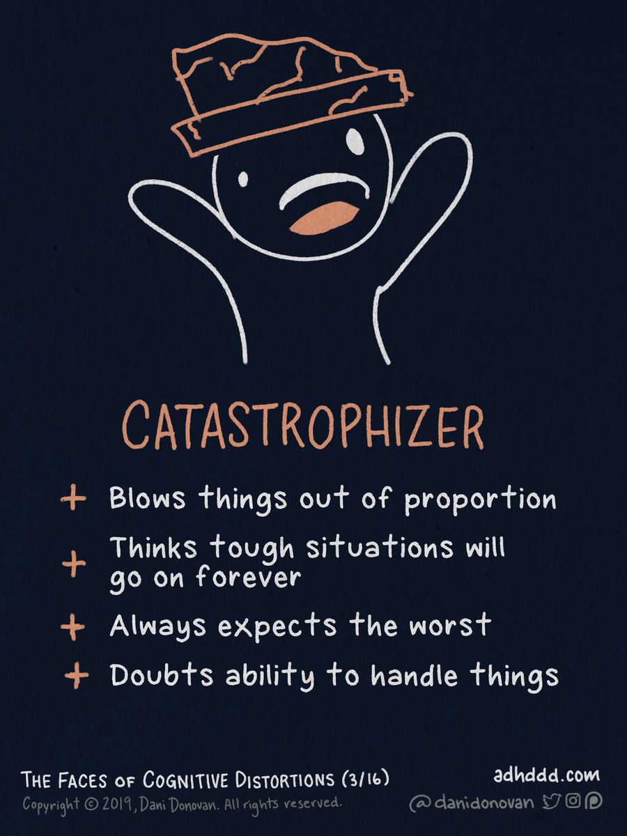 CATASTROPHIZING:+ Blows things out of proportion+ Thinks tough situations will never end+ Always expects the worst+ Doubts ability to handle things"Faces of Cognitive Distortions" (3/16)