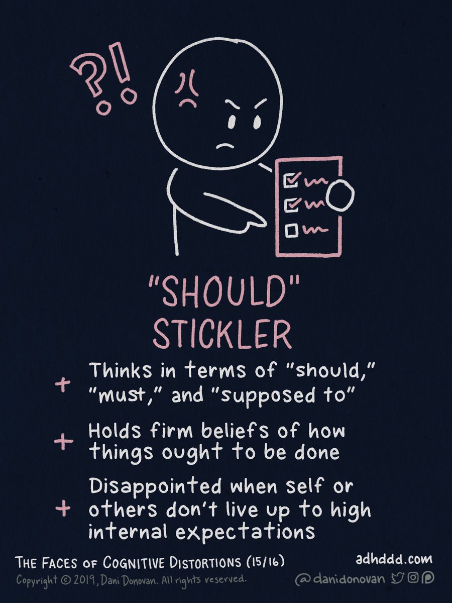“SHOULD” BELIEFS:+ Thinks in terms of “should,” “must,” and “supposed to”+ Holds firm beliefs of how things out to be done+ Disappointed when self or others don’t live up to high internal expectations "Faces of Cognitive Distortions" (15/16)