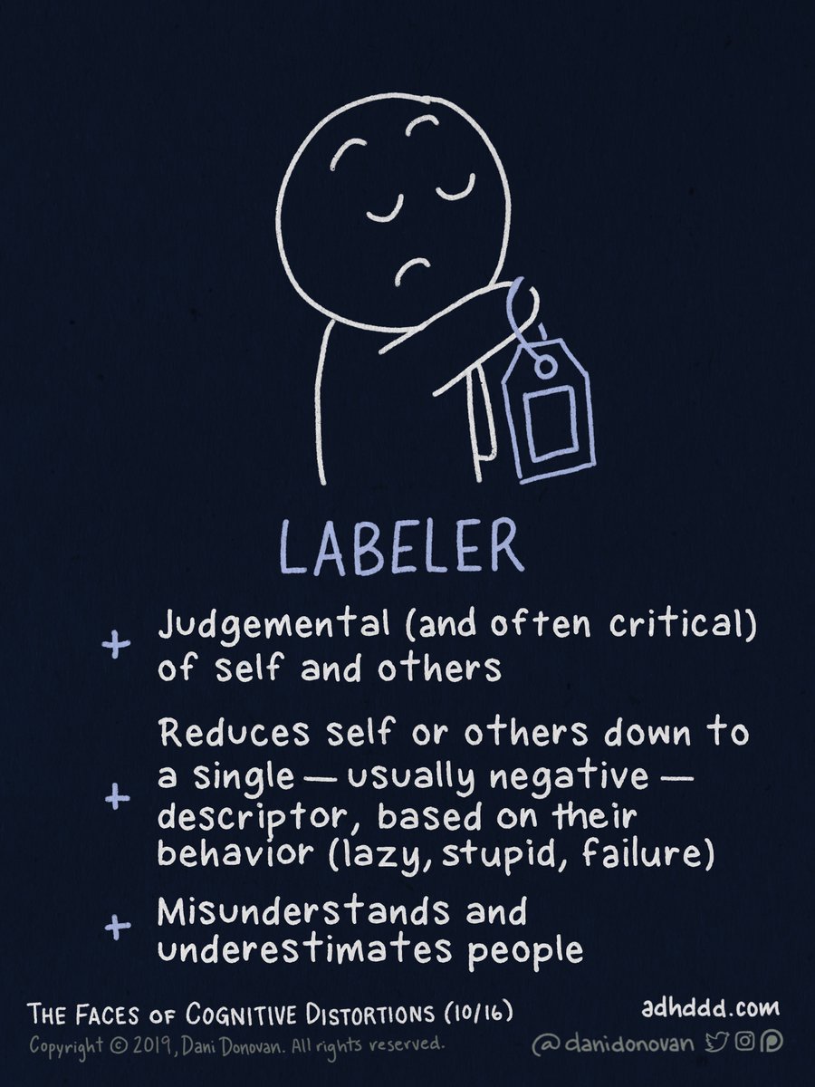 LABELING:+ Judgemental (and often critical) of self or others+ Reduces self or others down to a single — usually negative — descriptor, based on their behavior (lazy, stupid, failure)+ Misunderstands and underestimates people "Faces of Cognitive Distortions" (10/16)