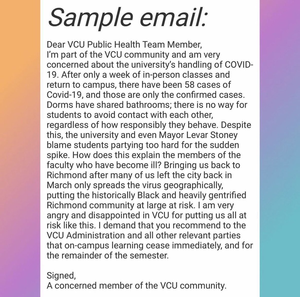 Already, we have seen cases rising exponentially putting our communities at risk. Now we are learn that Kallaco testing kits given to VCU, GMU, and W&M students are not approved by the FDA? Reply to this tweet and let us know what is happening on your campus w/ Covid