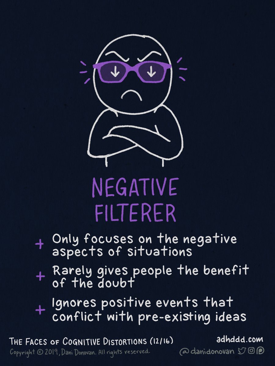NEGATIVE FILTERING:+ Only focuses on the negative aspects of situations+ Rarely gives people the benefit of the doubt+ Ignores positive events that conflict with pre-existing ideas"Faces of Cognitive Distortions" (12/16)