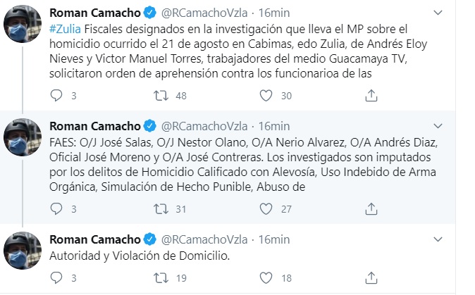 TatuyTv's tweet photo. [ÚLTIMA HORA] Según fuentes del periodista @RCamachoVzla se dictó orden de aprehensión contra funcionarios de FAES: O/J José Salas, O/J Nestor Olano, O/A Nerio Alvarez, O/A Andrés Diaz, O/ José Moreno y O/A José Contreras, por el asesinato de los comunicadores de #LaGuacamayaTv https://t.co/N94hqe4NQi