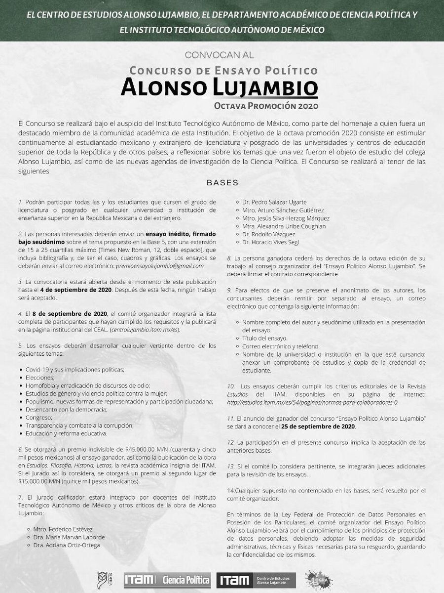 ⚠️Quedan 11 días para el cierre de la convocatoria del Concurso de Ensayo Político Alonso Lujambio Octava Promoción 2020. 

¡Aún tienes tiempo!

<a href="/CentroLujambio/">C.E. Alonso Lujambio</a> <a href="/CPoliticaITAM/">CienciaPolítica ITAM</a> <a href="/SophiaCPol1/">Sophía Ciencia Política</a> <a href="/ITAM_mx/">ITAM</a> <a href="/CesigItam/">CESIG-ITAM</a> <a href="/GacetaCPol/">La Gaceta</a> 

Bases: