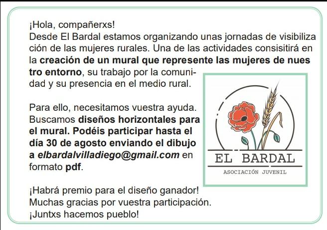 Buscamos artistas que nos ayuden a crear un mural que represente el papel de la mujer en nuestro mundo rural.
Nos podéis pasar ideas, bocetos... incluso dibujos con escuadra y cartabón 📐📏

Muchas gracias por colaborar 🥰🥰