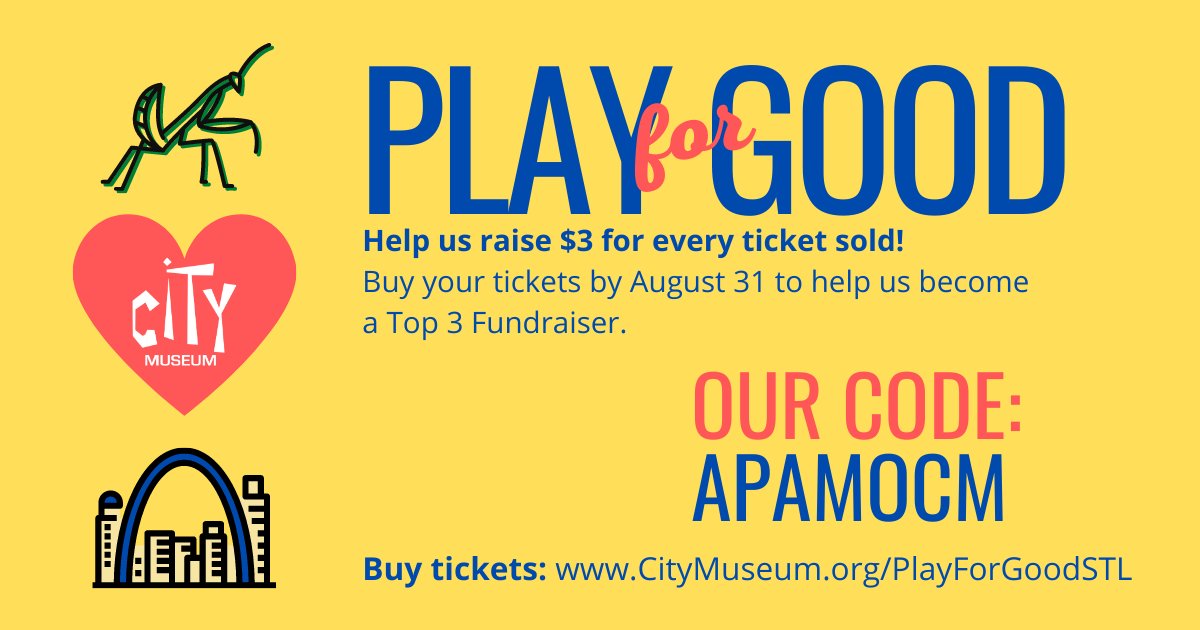 APAofMO's tweet photo. We're thrilled to be participating in the @citymuseum's #PlayForGoodSTL program! Today through August 31st, the City Museum will donate $3 to the APA for every general admission ticket sold through the link below. Go have some fun and do some good too!
https://t.co/8abbBQbhmB https://t.co/Y5tuzbn4BC