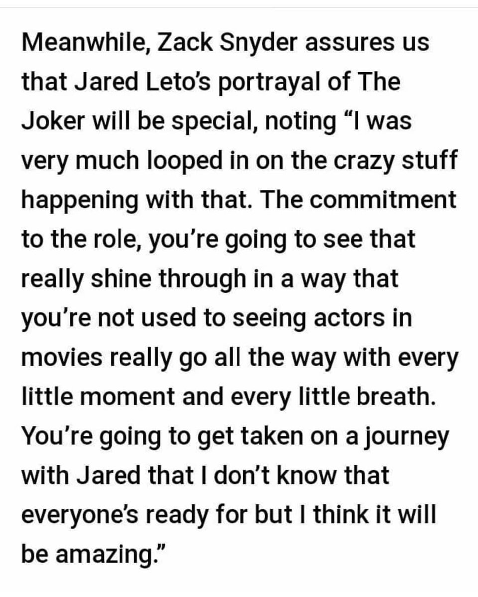 Zack saying he always loved Jared's joker and liking a post asking if his joker is in Justice League.. The second one was praising his joker portrayal from suicide squad.