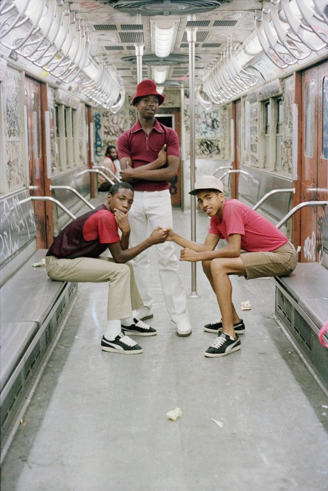 New York City (early '80s). Brooklyn & Manhattan youth on the subway. Photographed by Jamel Shabazz.