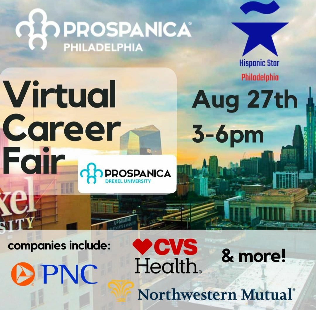 Calling all undergrads, grads, and recent grads in the #Philadelphia area to join The Hispanic Star Philadelphia first virtual career fair this Thursday 8/27, in collaboration with <a href="/ProspanicaPHL/">Prospanica Philadelphia</a> and <a href="/prospanicadrex/">Prospanica Drexel</a> 
Register now!
hopin.to/events/philade…

#HispanicStar