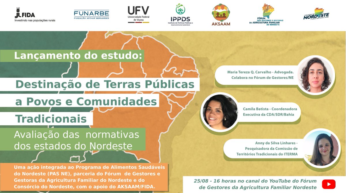 aksaam_br's tweet photo. Acontece amanhã, a partir das 16h, o lançamento do estudo "Destinação de Terras Públicas a Povos e Comunidades Tradicionais". Ele será transmitido ao vivo pelo YouTube do Fórum de Gestores da Agricultura Familiar do Nordeste. 👩‍🌾🧑‍🌾🌵

Anotou? Contamos com a sua participação :) https://t.co/ugNbrwjUby