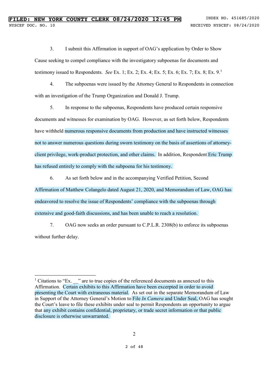 You do understand that the REAL JUICE is in the;Affirmation of Matthew Colangelo;“endeavored to resolve the issue of Respondents’ compliance with the subpoenas through extensive and good-faith discussions...unable to reach a resolution”Adorable that Mr GTT guy doesn’t get it