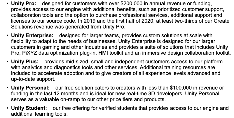 6) Create Solutions: 43% of Revs- Five plans customers can buy with Create Solutions: 1. Unity Plus2. Unity Pro3. Unity Enterprise4. Unity Personal5. Unity Student- Customers typically buy 1-3 yr subscriptions, billed monthly, quarterly or annually.