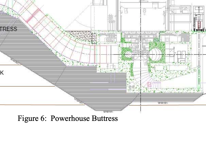 ..So the buttress design for  #SiteC's powerhouse/spillways had a kind of rounded shear key of its own, but to no avail? Seems water has weakened shale under whole buttress: is the shear key now sliding through it to the river, or is shale swelling & uplifting under fdn, or both?