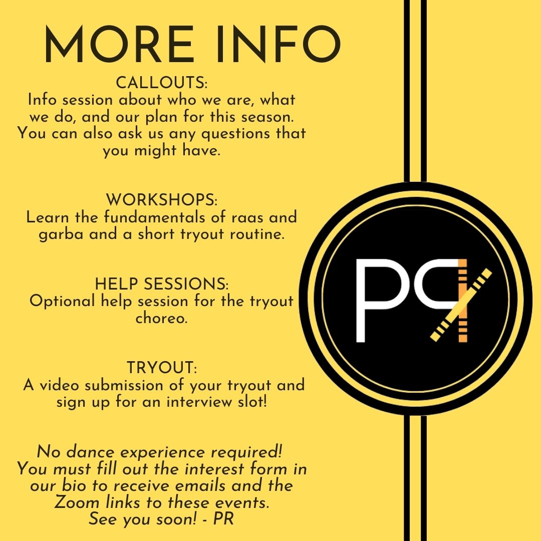 Here are the dates for our callouts, workshops, and tryouts. Our events are all virtual and open to everybody! Each time is written in EDT. 

Fill out our interest form tinyurl.com/PRInterestForm to receive further details! 

Hope to see you there!- PR <3