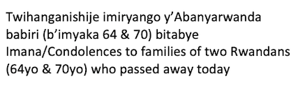 24.08.20 Amakuru Mashya | Update

*Kigali:202 (bapimwe mu masoko ya Kigali/mass testing in Kigali markets), Rusizi:10 (bapimwe mu bibasiwe kurusha abandi/testing in high risk groups), Rubavu:2, Nyamasheke:1, Kamonyi:1, Nyanza:1