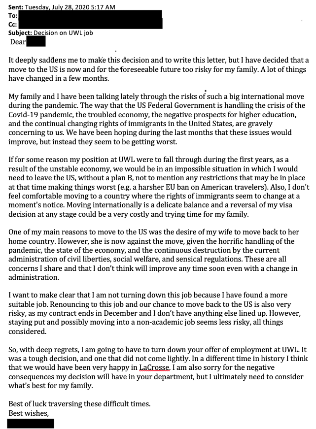 Sad news: A new hire decided moving to USA is too risky given current status on COVID-19, economy, prospects for higher education, and immigration policies. Posting their letter (w permission) so others can be aware of how the US is viewed now by this highly talented person (1/3)