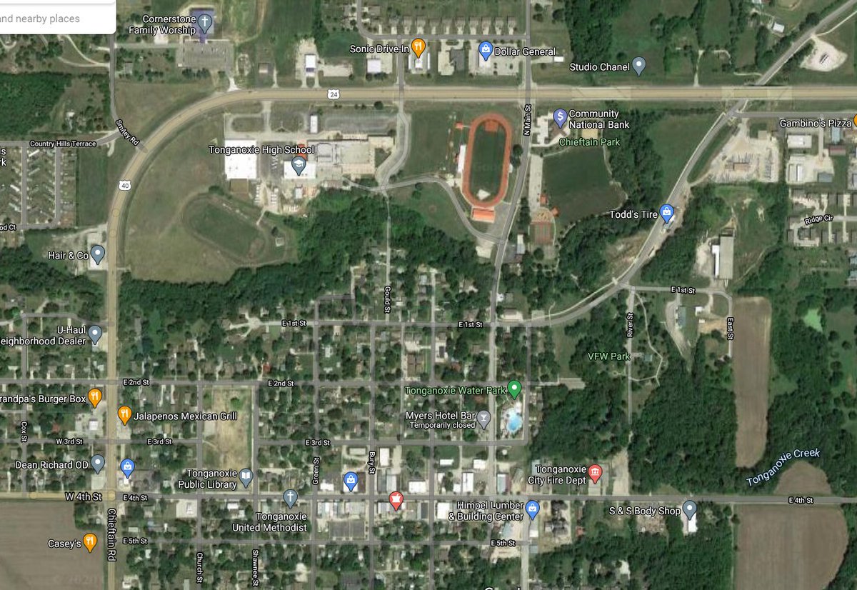 Something very common of course is bypassing a rural highway around a downtown. Which inevitably causes major development & institutions to relocate to where the traffic (customers) are. Here's Tonganoxie, KS. Notice the sad downtown and the new commerce on the bypass