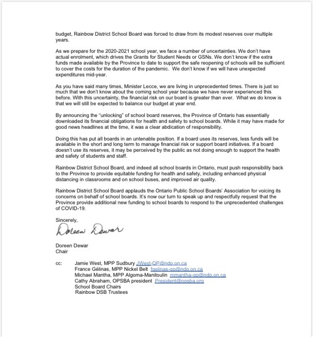 🚨Rainbow District School Board Chair calls out <a href="/Sflecce/">Stephen Lecce</a> for “clear abdication of responsibility” 

“By announcing the ‘unlocking’ of school board reserves, the Province ...has essentially downloaded its financial obligations for health &amp; safety to school boards”

#onted #Onpoli