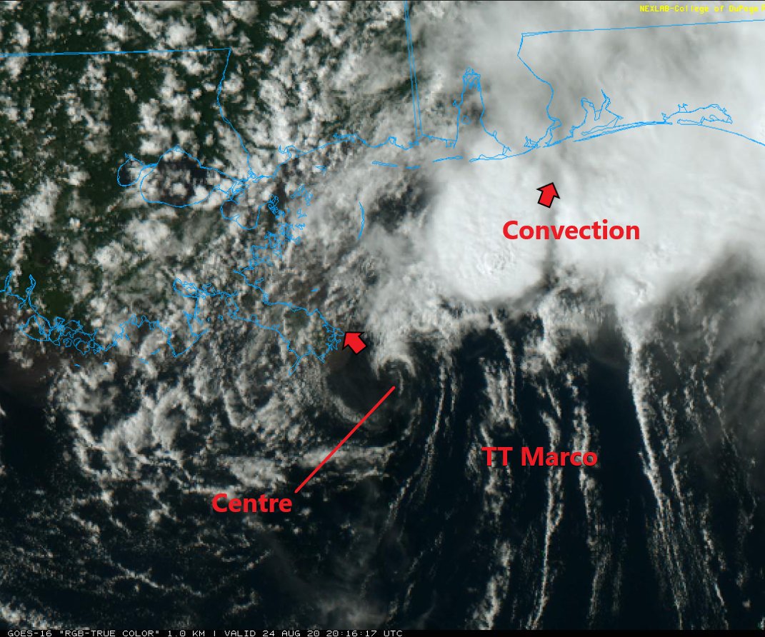 Meteouragans's tweet photo. Centre de circulation complètement exposé #TSMarco #Marco s'apprête à toucher l'embouche du #Mississippi en #Louisiane avec convection repoussée vers Nord-Est par un puissant cisaillement. Vents 65 km/h pression 1008 hPa
Marco devrait être déclassé en DT ce soir ou se dissiper. https://t.co/I2cS1LdWA3